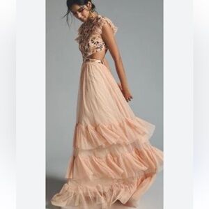 NWT Mac Duggal Cutout Tiered Ruffle Skirt Dress Peach Multi Embroidered
